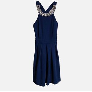 Alya Sleeveless Knit Criss Cross Back Halter Embellished Navy Midi Dress. Size S